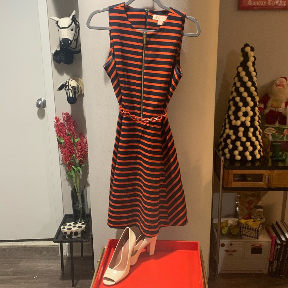 Michael by Michael Kors navy/orange stripe dress, Sz 8. Front zip